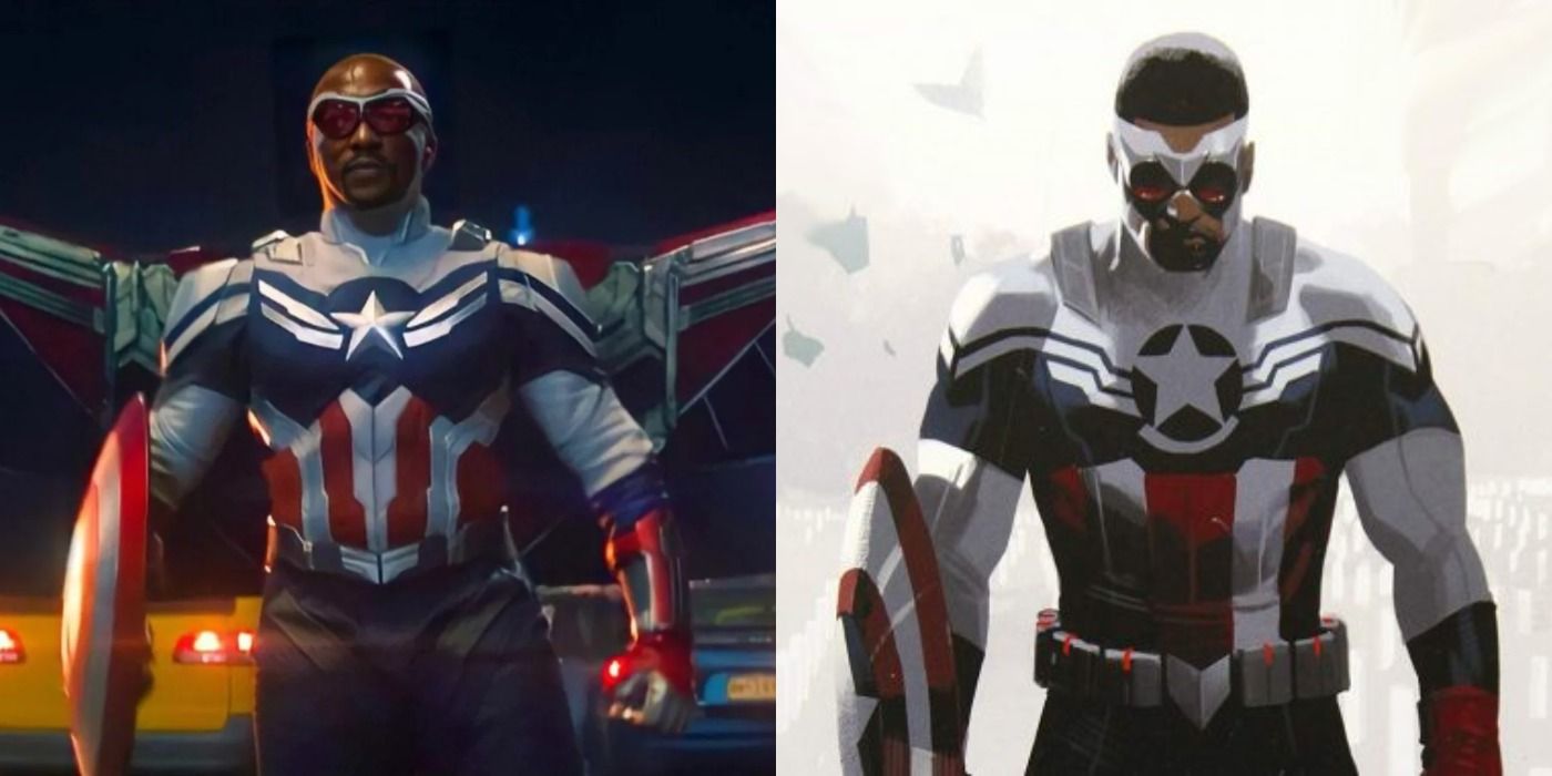 Sam Wilson From The MCU Wearing His Captain America Uniform And Sam Wilson From The Comics Wearing His Captain America Uniform
