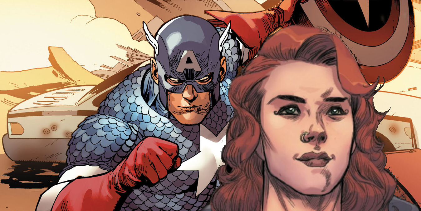 A blended image of Captain America and Peggy Carter from Marvel Comics.
