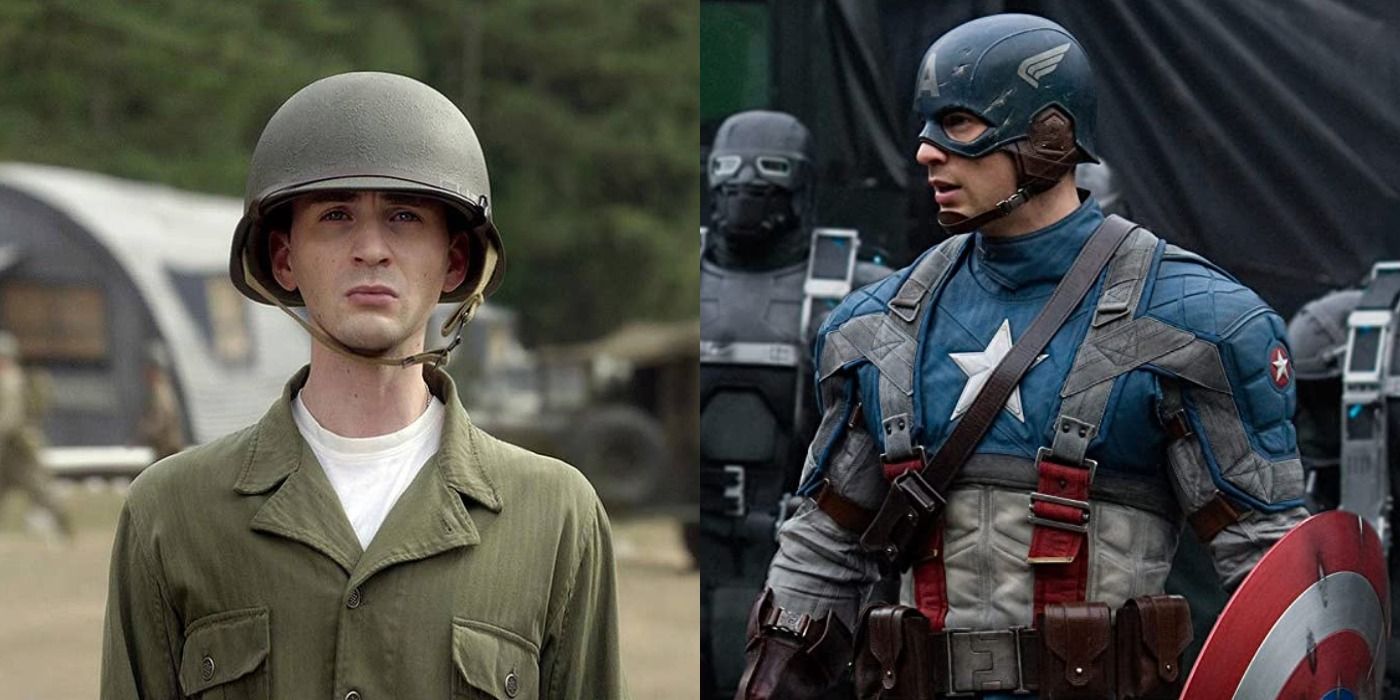 Split image of a skinny Steve Rogers and Captain America