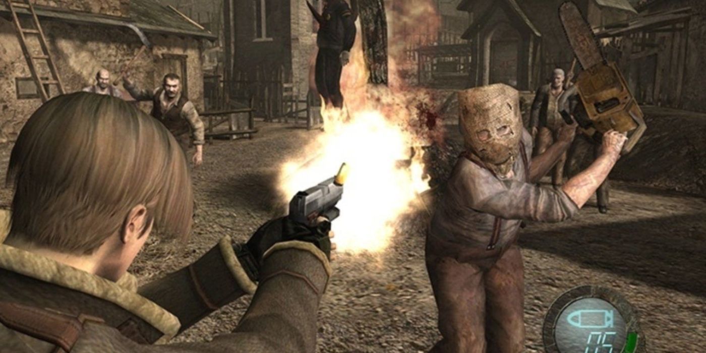 Leon Kennedy and attacking villagers in Resident Evil 4
