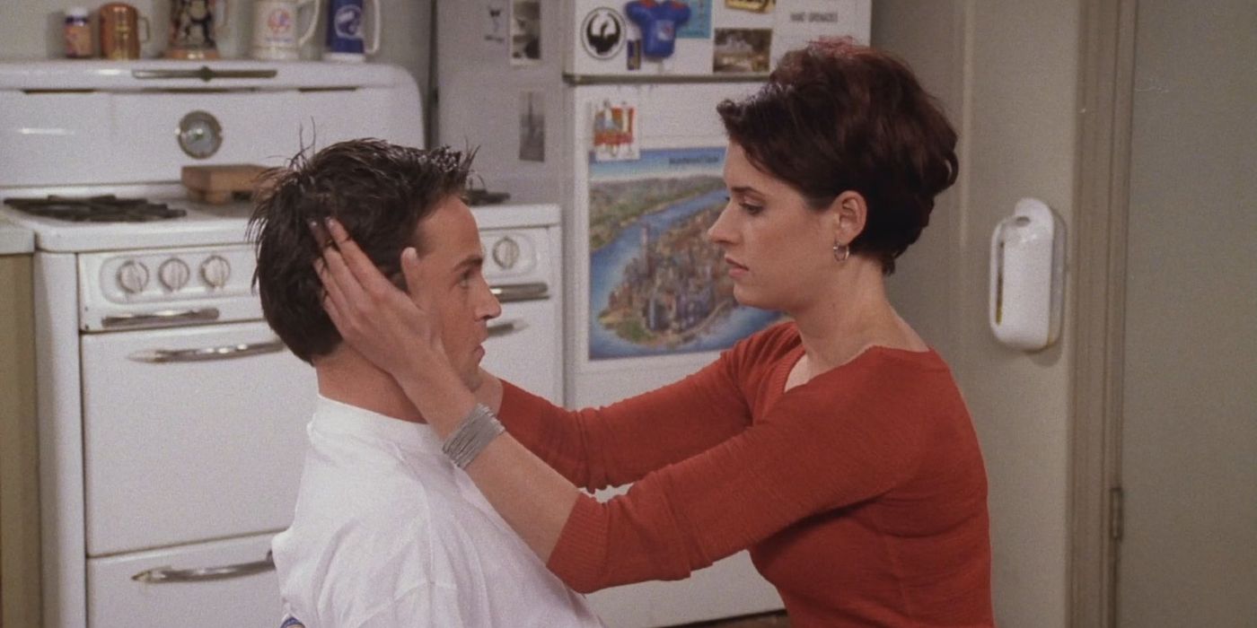 Kathy touches Chandler's hair in Friends