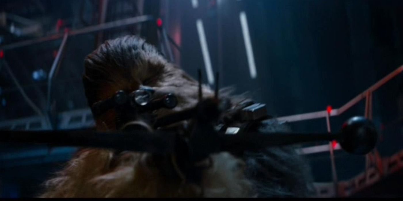Chewbacca shoots Kylo Ren with his bowcaster after he kills Han Solo in the Force Awakens