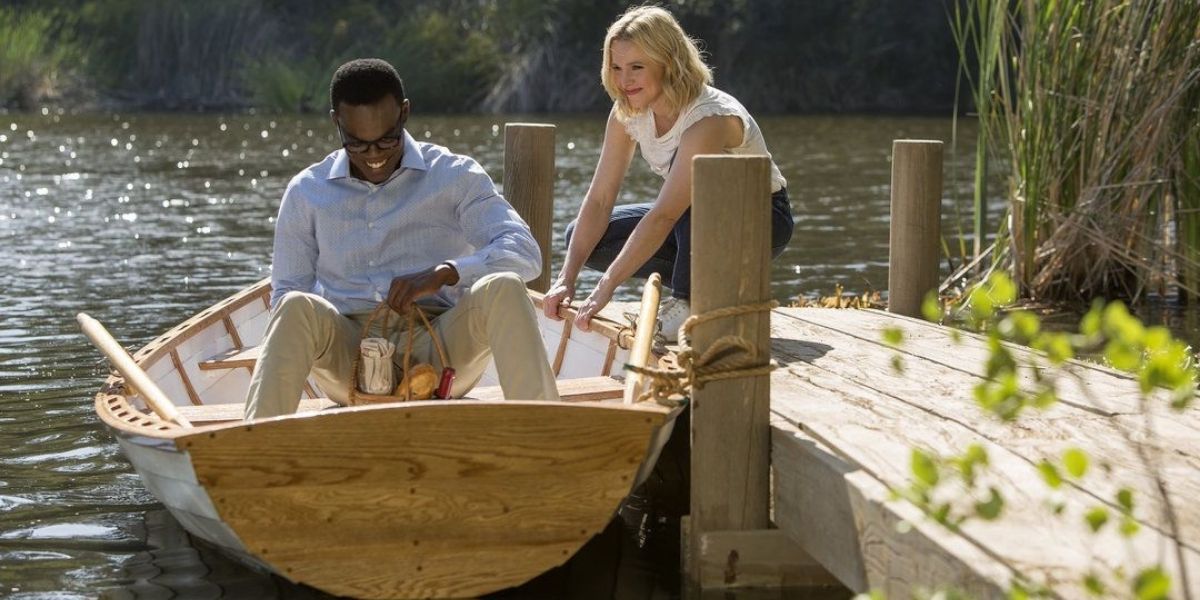 Chidi and Eleanor dock their boat in The Good Place