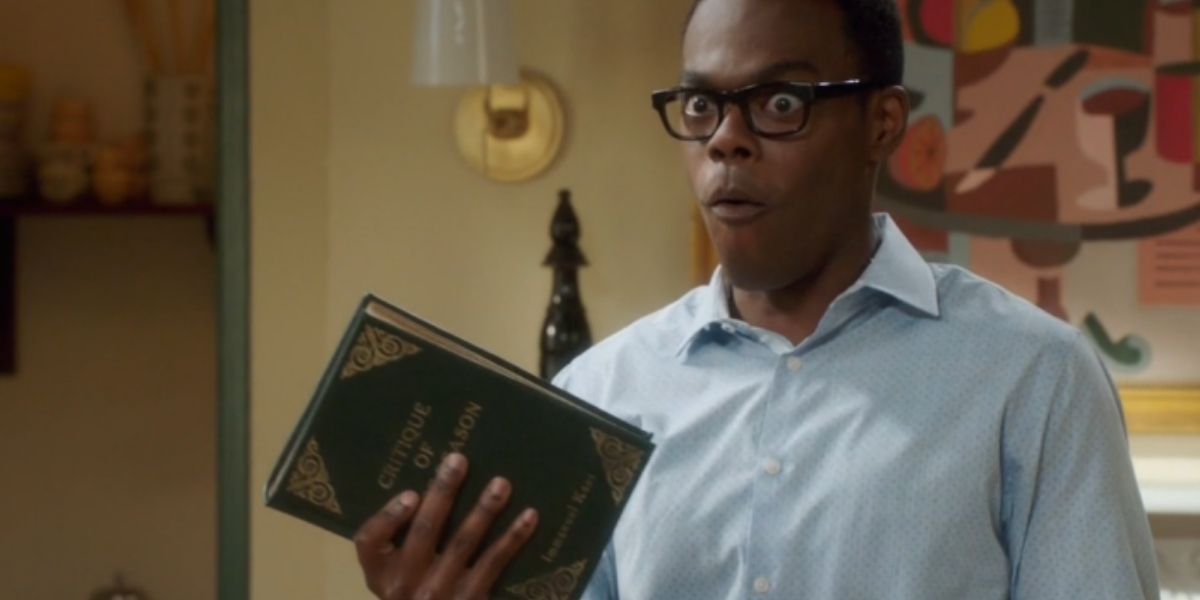 Chidi looks surprised after he's able to summon a book to his hand