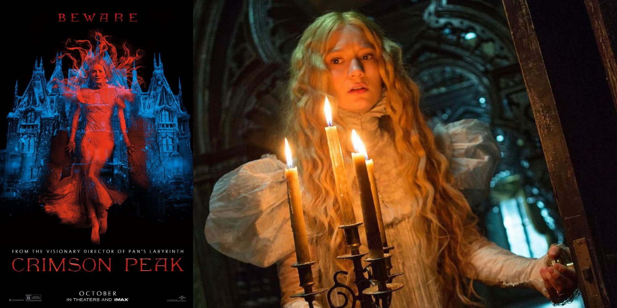 The poster for Crimson Peaks next to Edith with a candelabrum