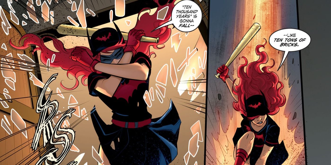 DC Bombshells Batwoman crashing through window from DC Comics