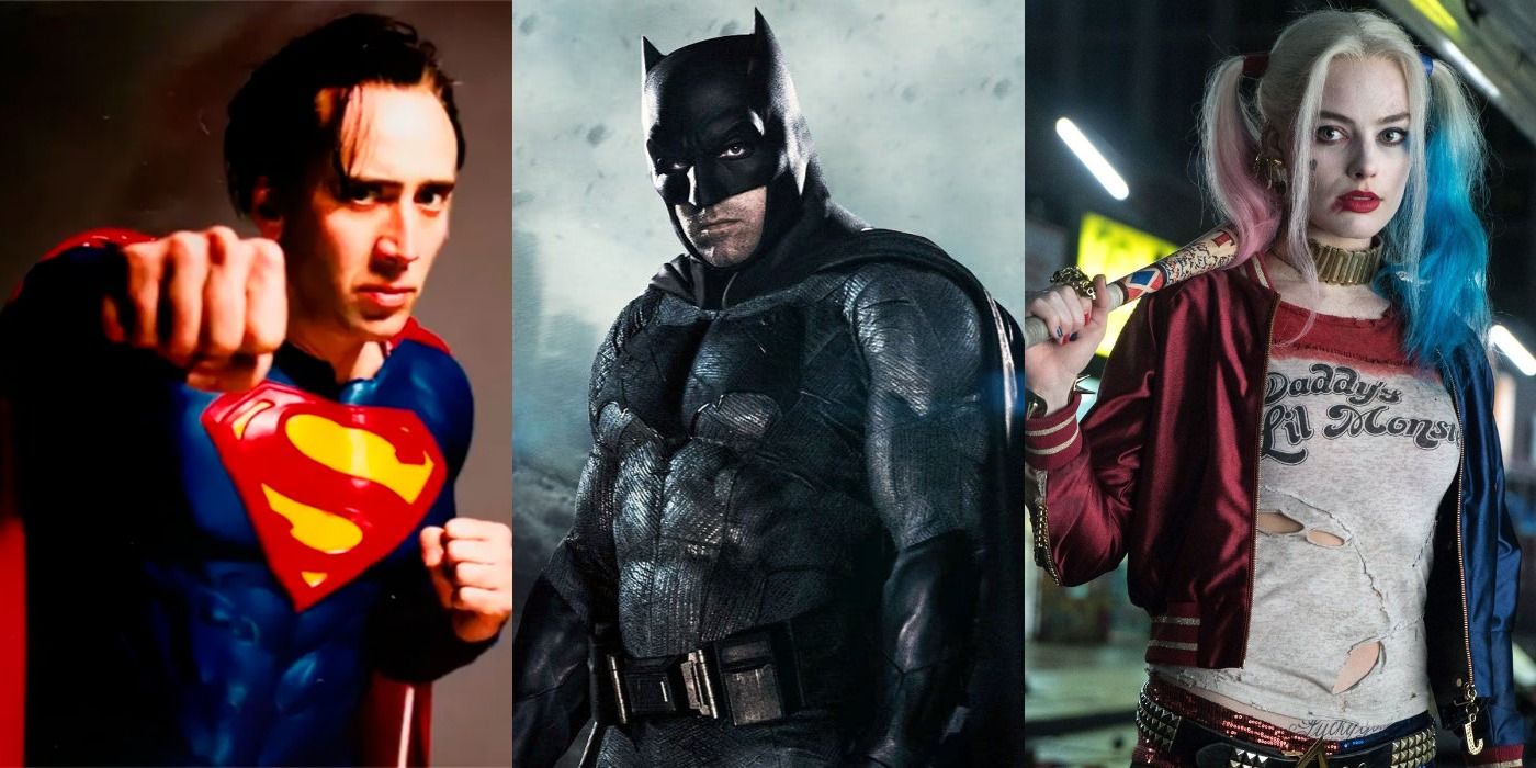 Main image with Nicolas Cage Superman, Ben Affleck&rsquo;s Batman, and Margot Robbie&rsquo;s Harley
