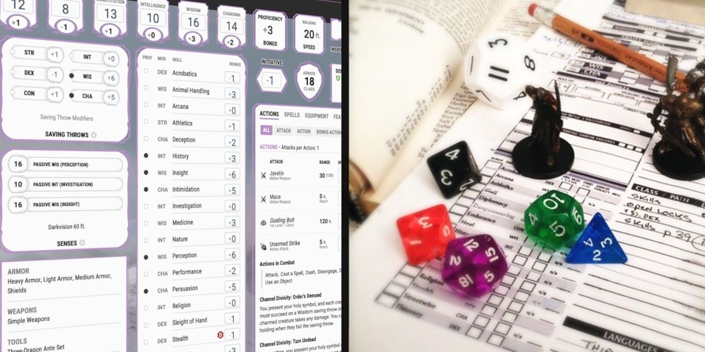 A split image showing two different styles of D&D character sheets.