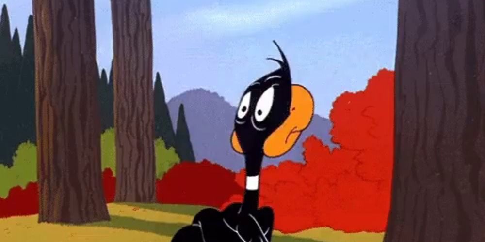 Looney Tunes' Daffy Duck with his beak knocked around to the back of his head
