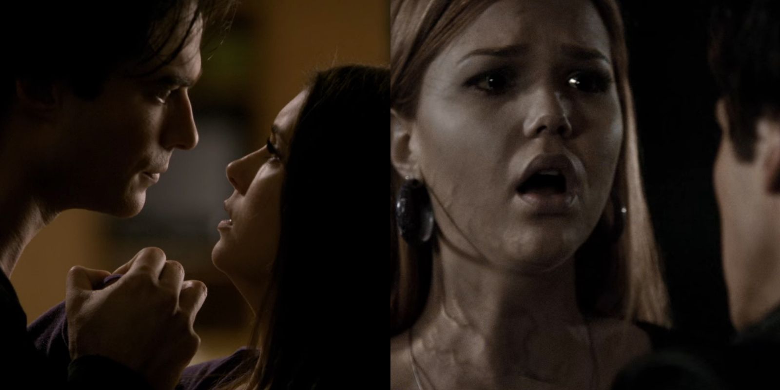 Split image of Damon face to face with Elena and killing Lexi