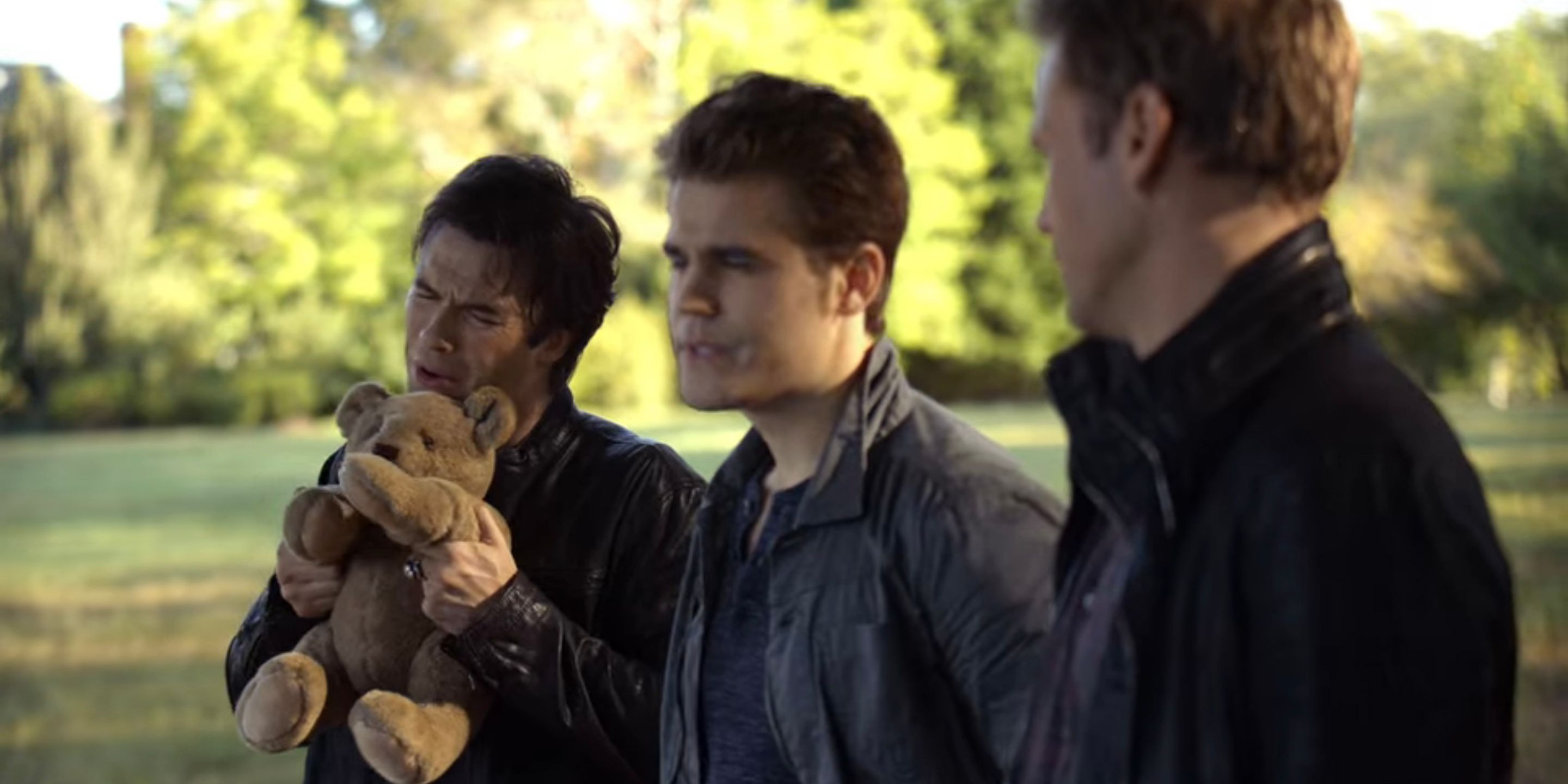 Damon with Bonnie's teddy bear in The Vampire Diaries.