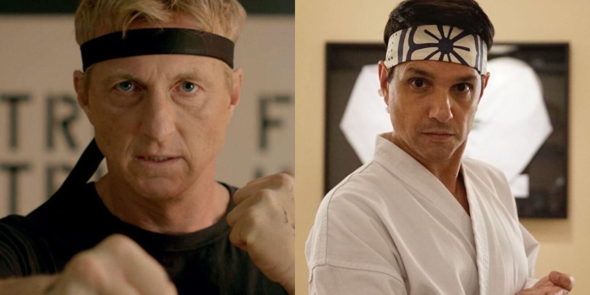 Side by side portraits of Daniel and Johnny in Cobra Kai