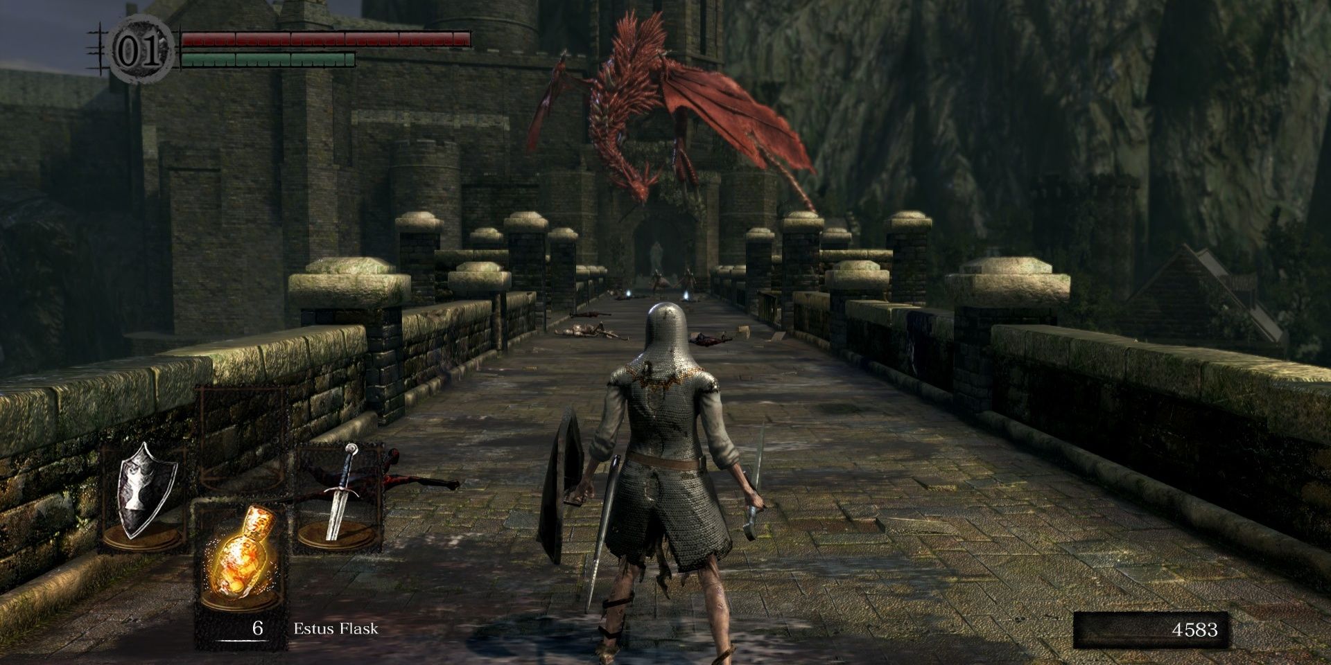 A knight character on a bridge approaches a red dragon