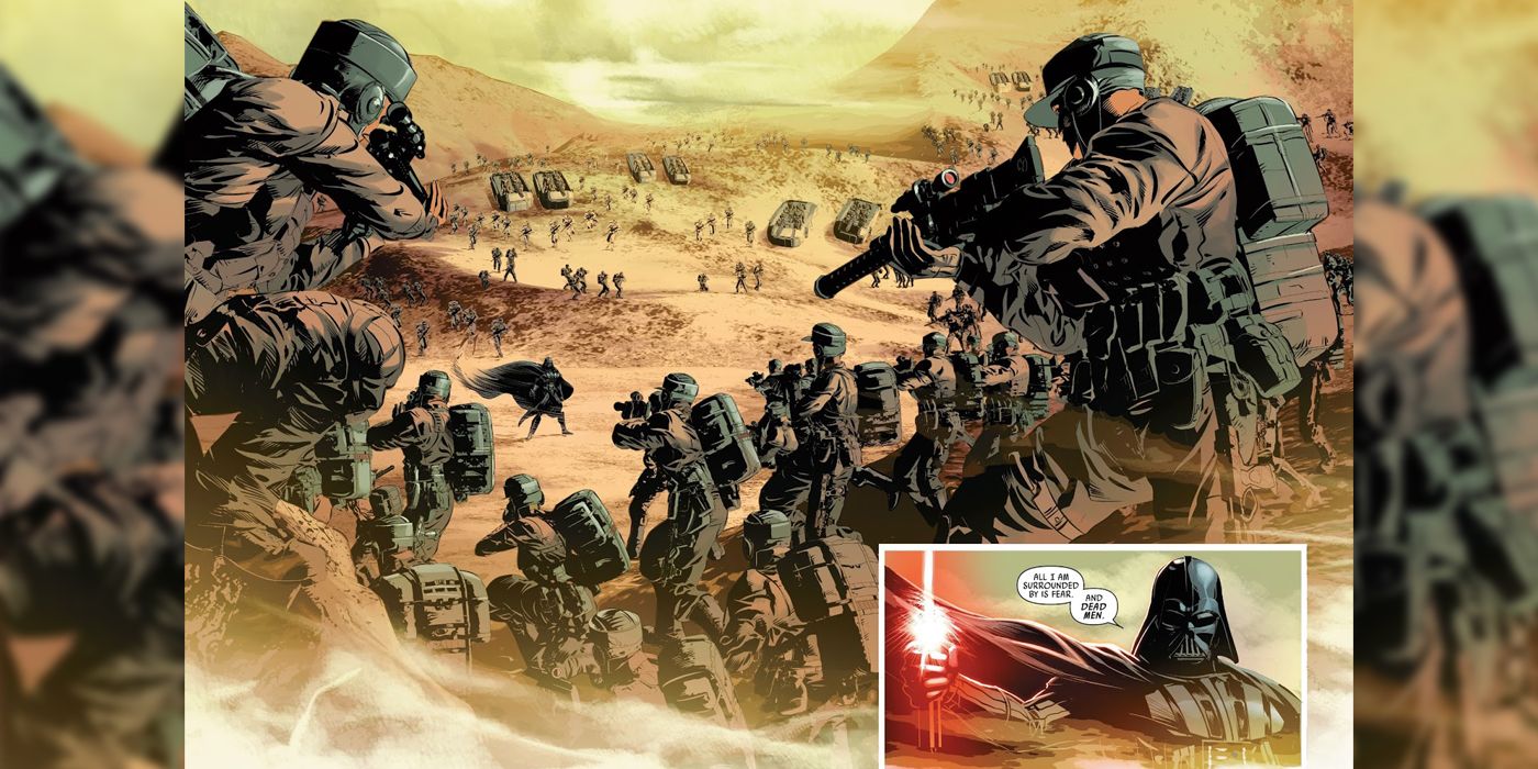Vader surrounded by rebels in Darth Vader Comic 1