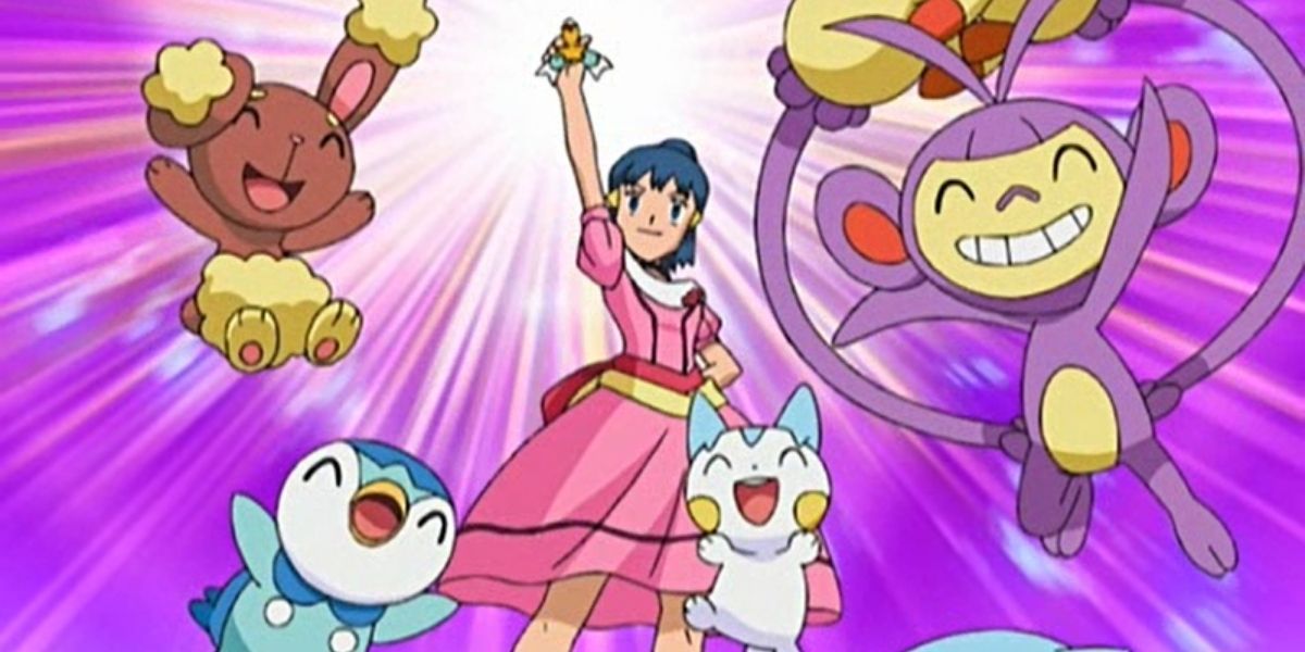 Dawn holds her Aqua Ribbon up and celebrates with her four Pokémon
