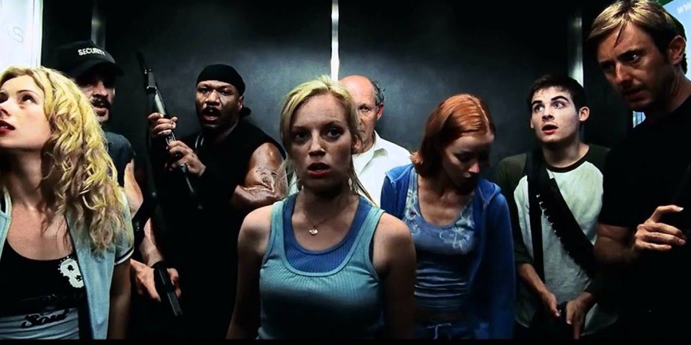 A group of survivors in an elevator in Dawn of the Dead