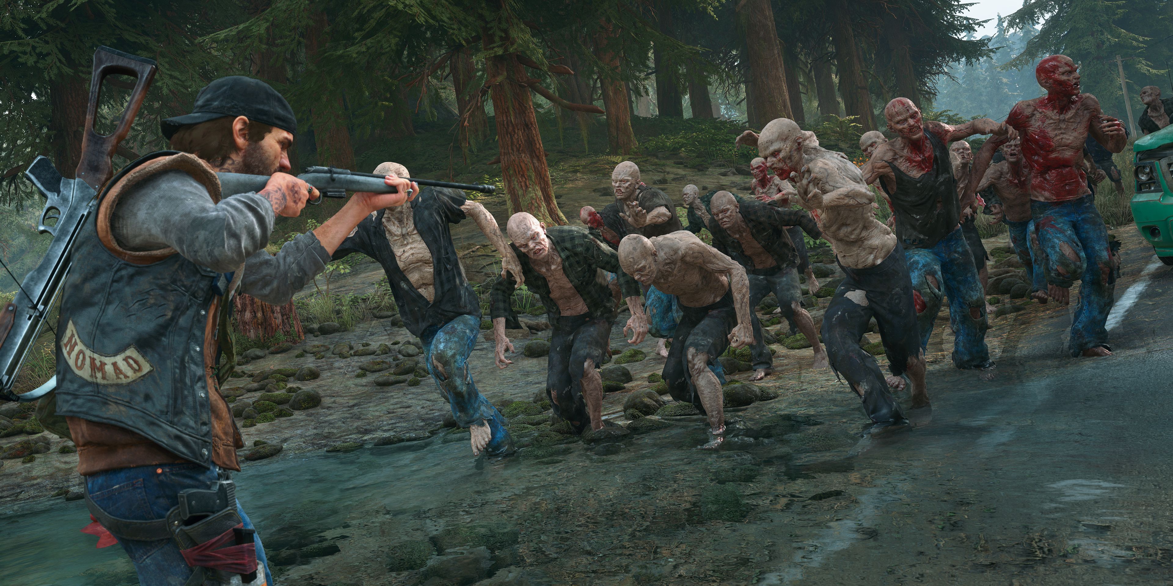 A photo of Deacon pointing a shotgun at a Horde in Days Gone.