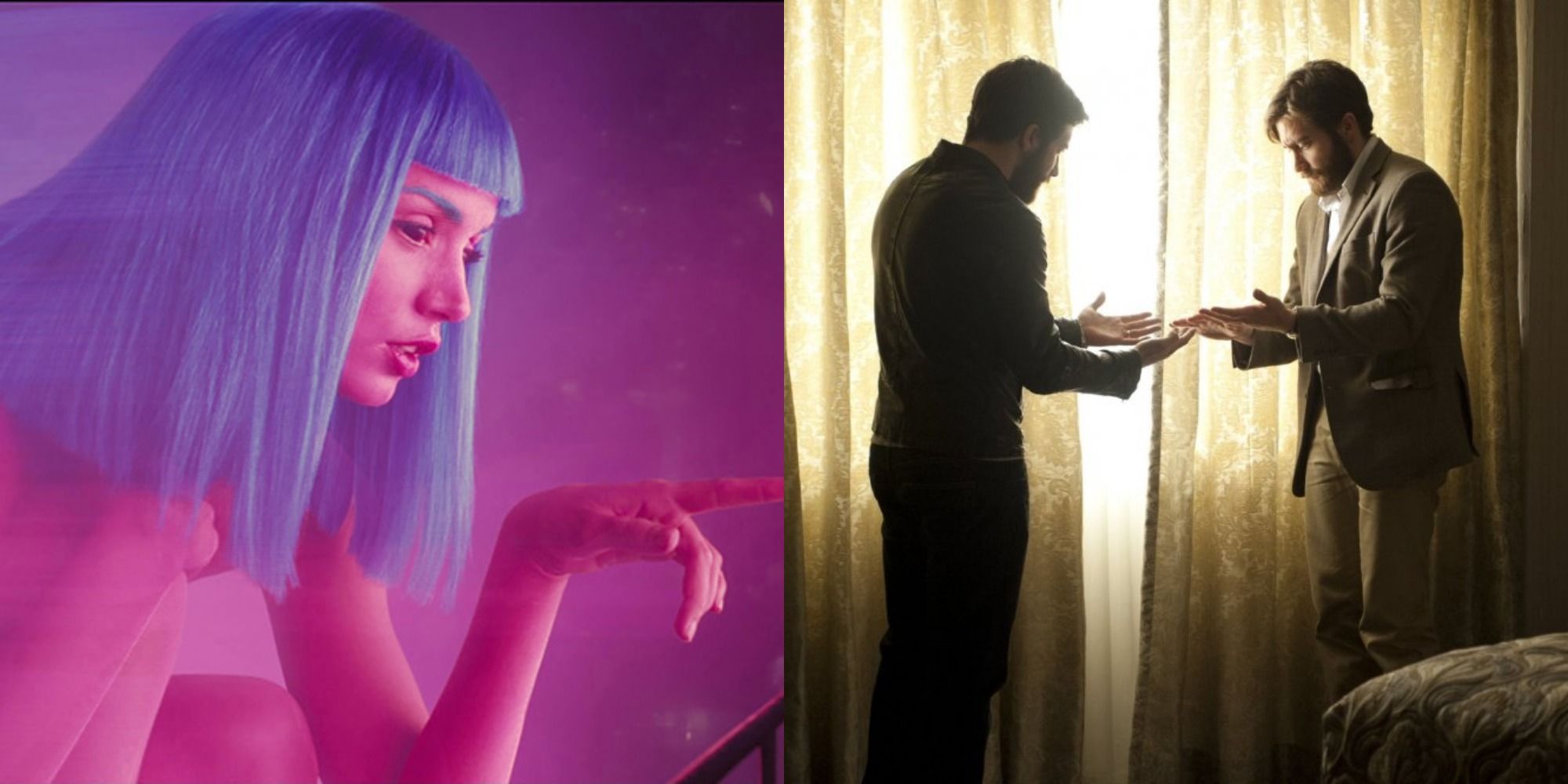Split image depicting Joi from Balde Runner 2049, and Adam and Anthony from Enemy