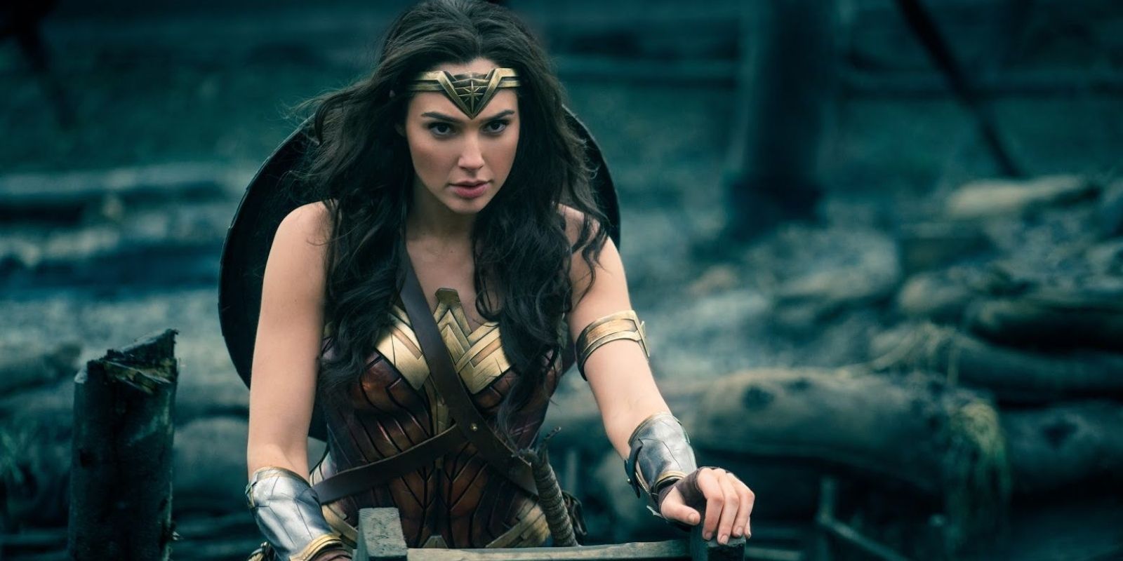 Diana Prince in her Amazon armor prepares to walk into No Man's Land in Wonder Woman