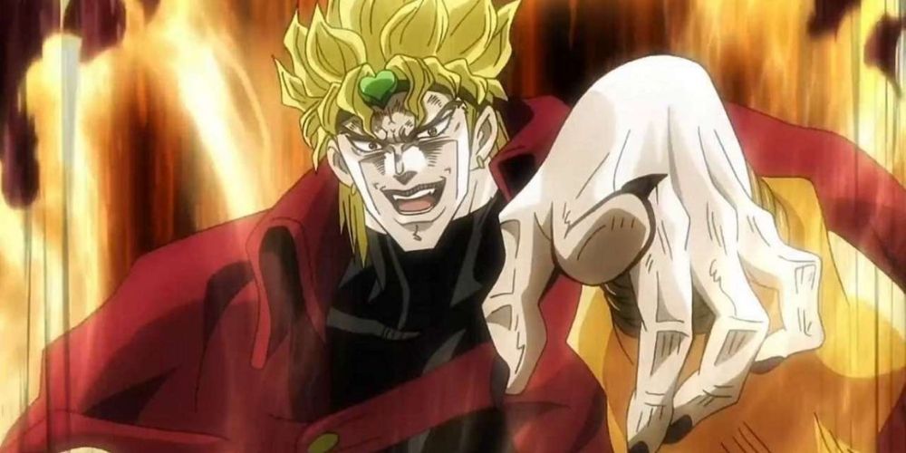 Dio Brando rindo e apontando em Jojo's Bizarre Adventure.