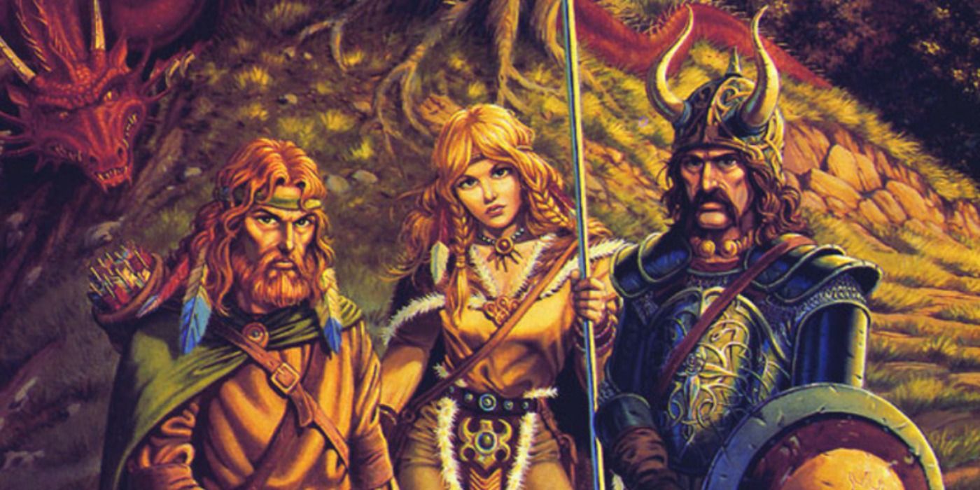 Three characters from Dragonlance in front of a dragon sitting atop a hill.
