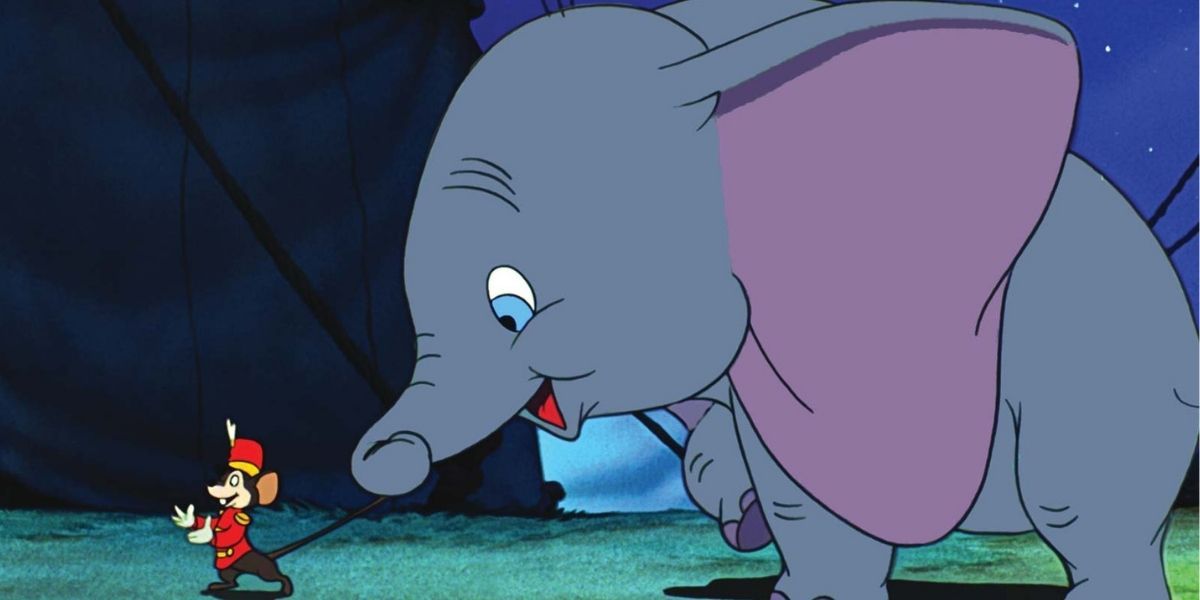 Dumbo holding Timothy Q. Mouse's tail in the Disney movie Dumbo.