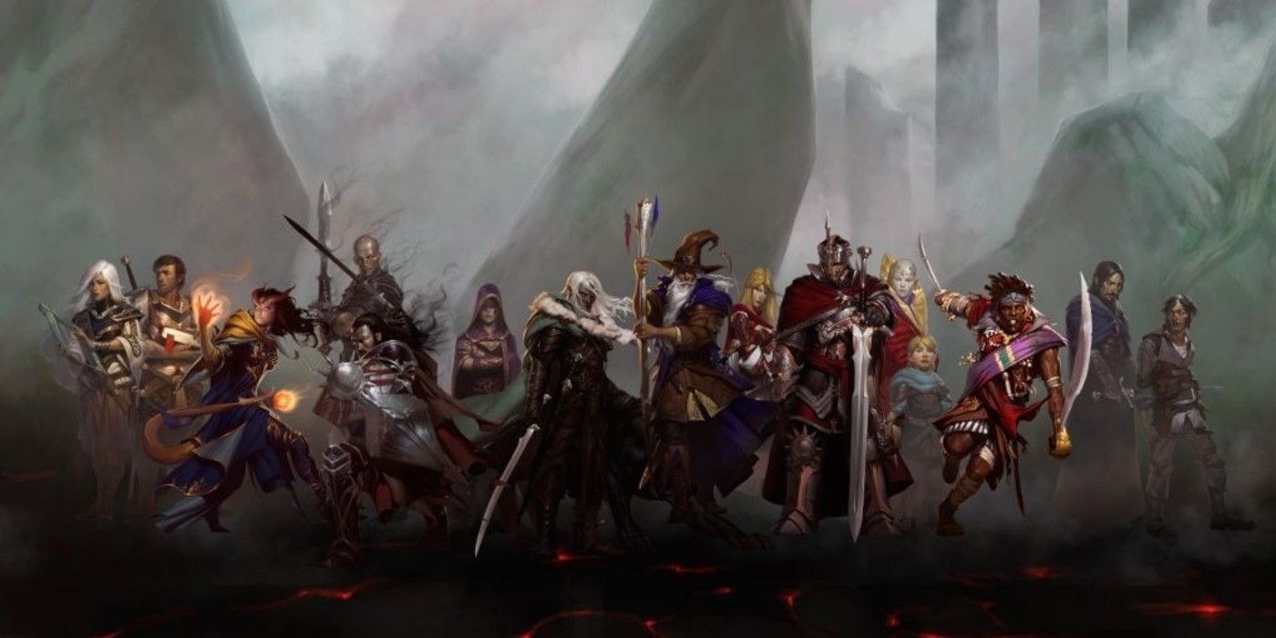 Several characters in Dungeons &amp; Dragons standing in a line