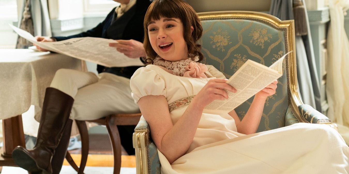 Eloise Bridgerton laughing and reading Lady Whistledown on a chair at their house