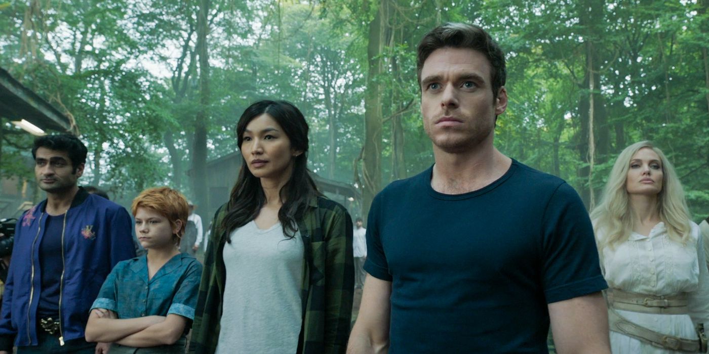 The Eternals all gather in the forest in the MCU movie