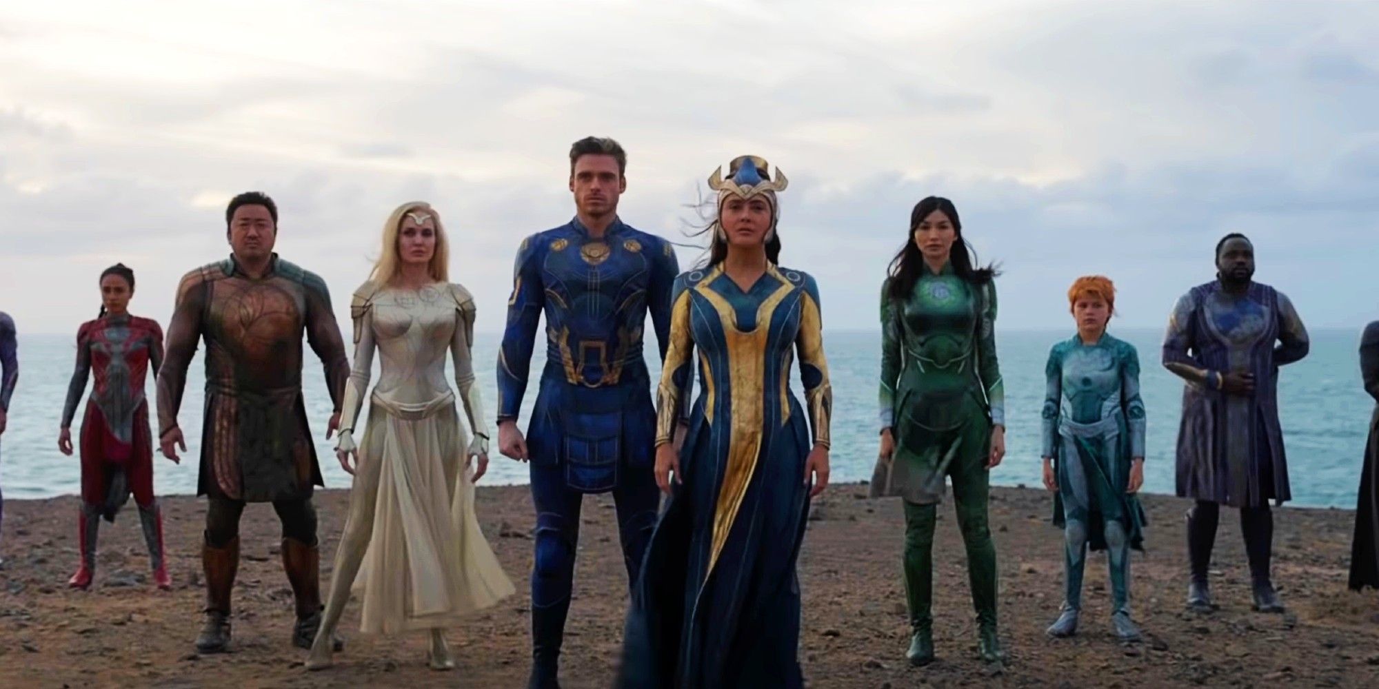 The Eternals standing together in a shot from the movie