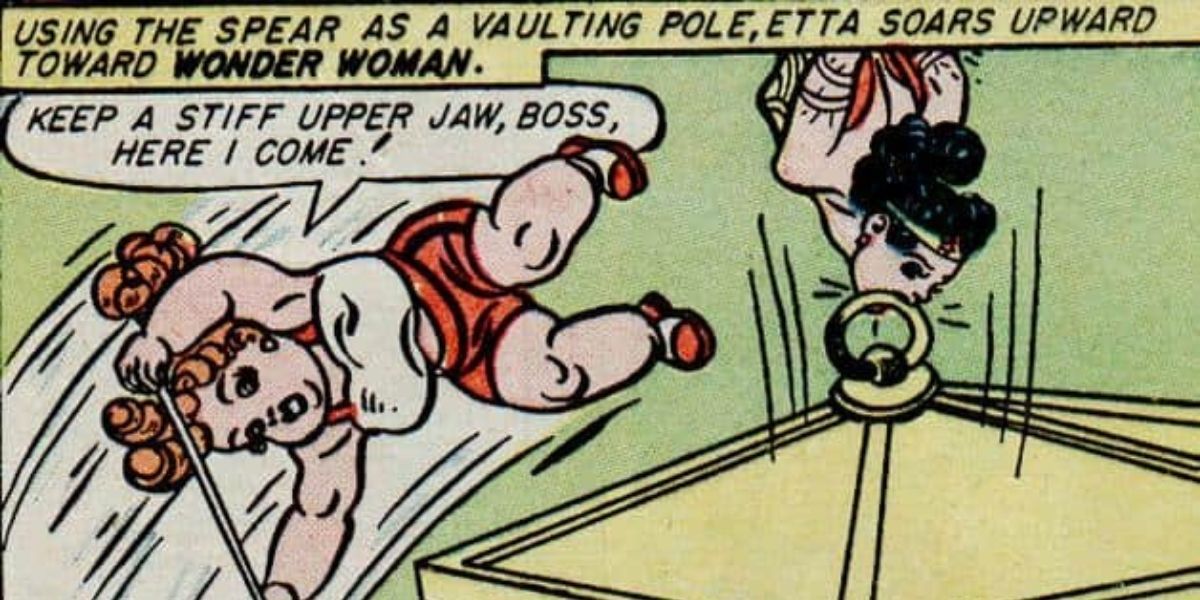Etta Candy uses a spear as a vaulting pole to help Wonder Woman