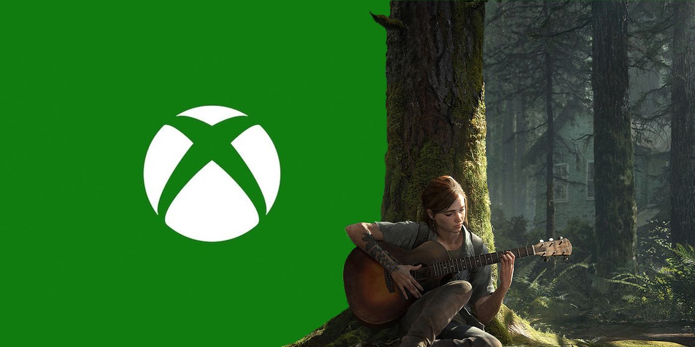 The Last of Us Part II Ellie sitting against tree with Xbox logo.