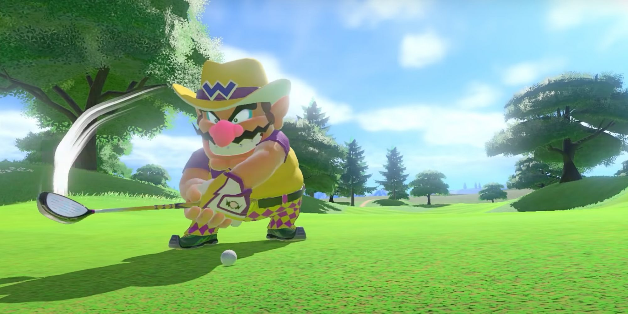 Wario teeing off in Mario Golf: Super Rush
