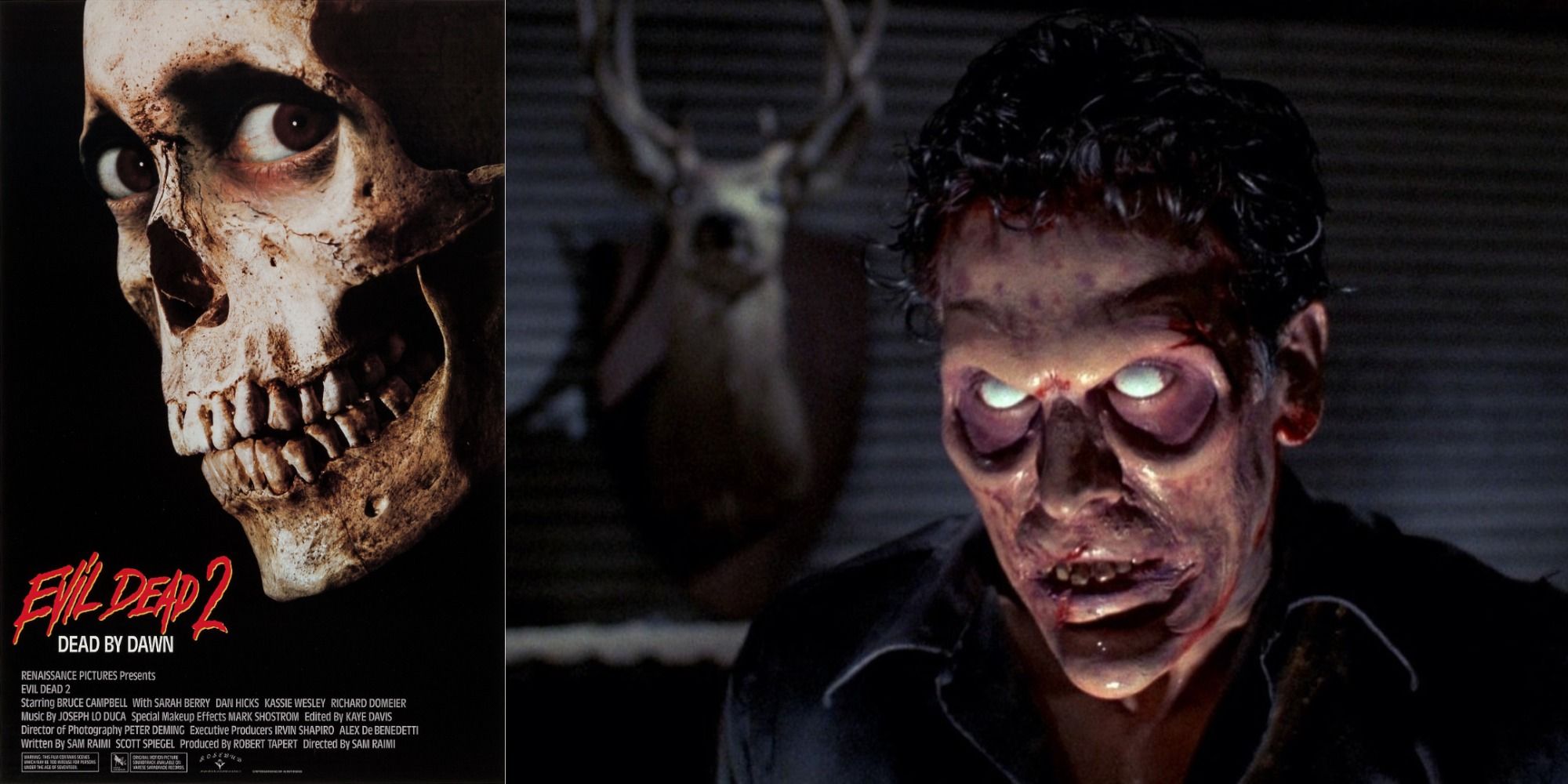 The Evil Dead II poster next to Ash as a deaditeto 