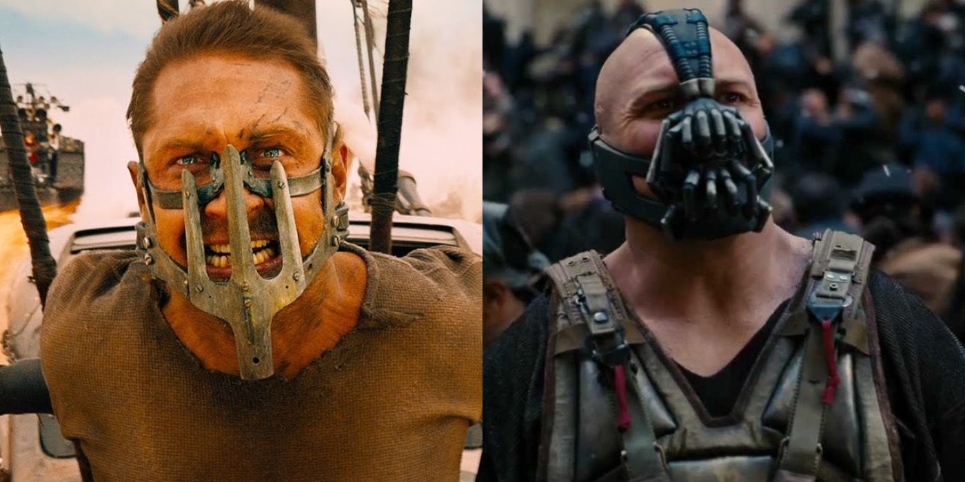 Split image of Tom Hardy with his face covered in both Mad Max and The Dark Knight Rises