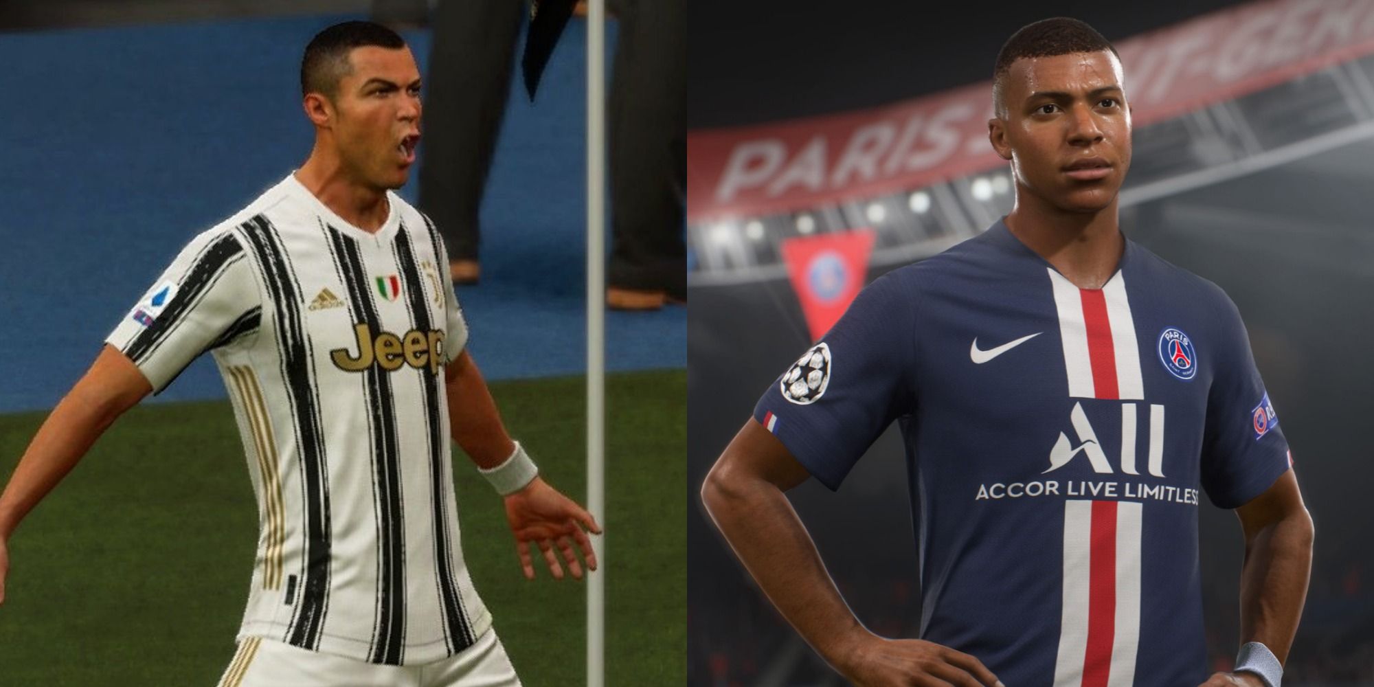 Split image of Cristiano Ronaldo and Kylian Mbappe in FIFA 21