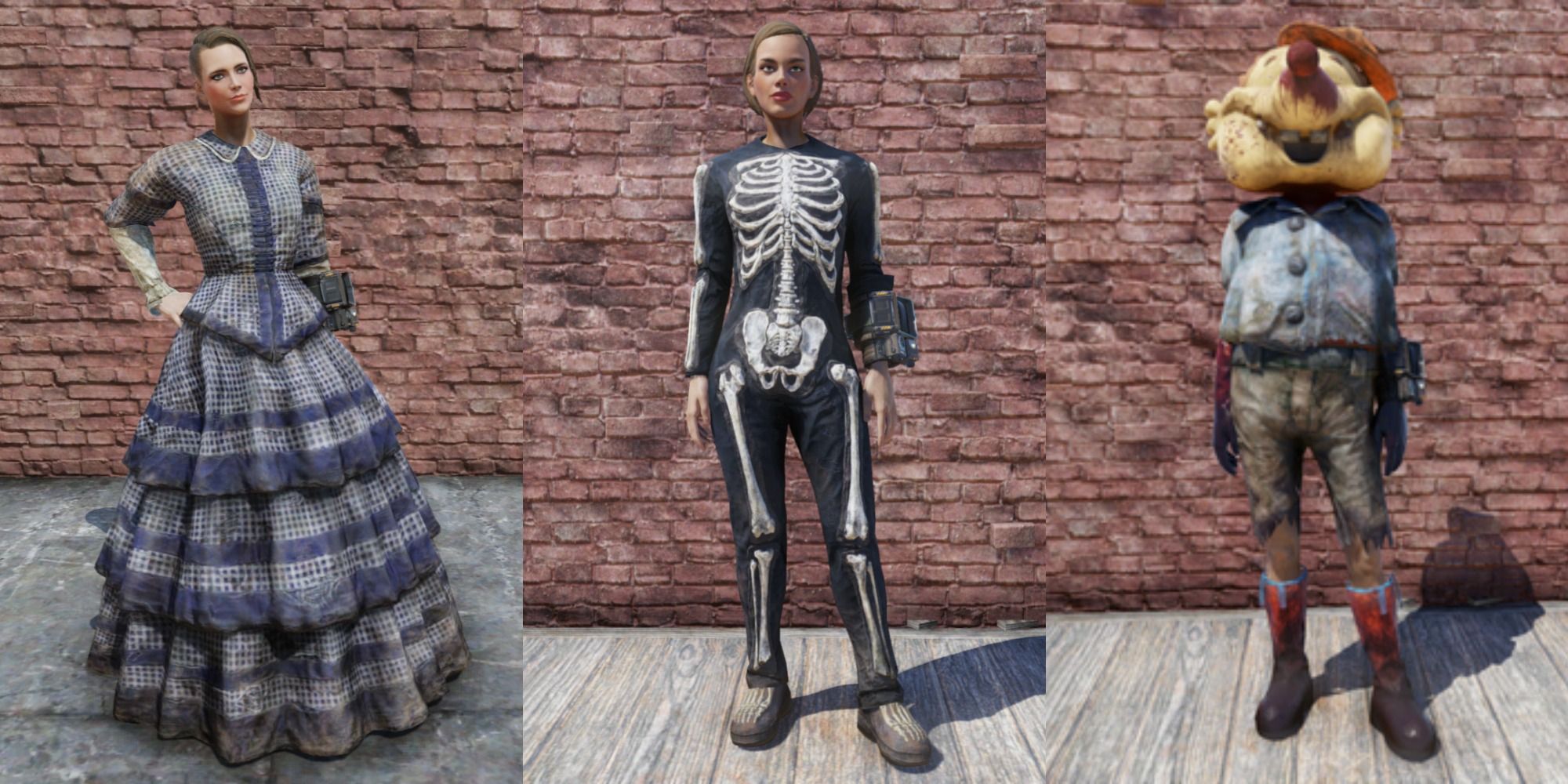 Split image depicting three characters wearing different outfits: the civil war dress, the skeleton Halloween costume, and the tattered mole hat