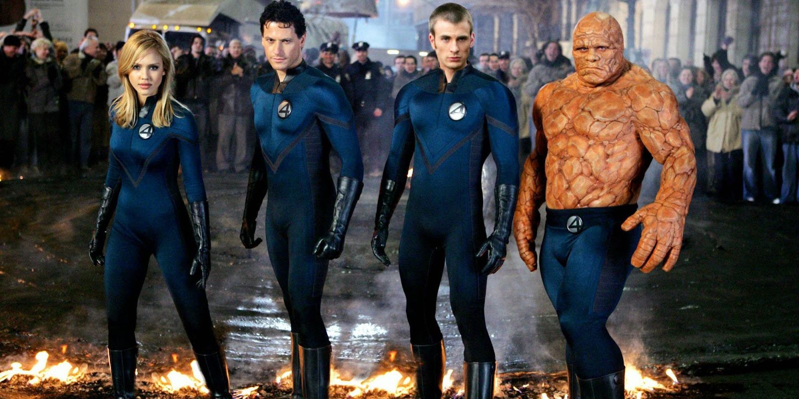 The Fantastic Four standing on the street in the 2005 movie