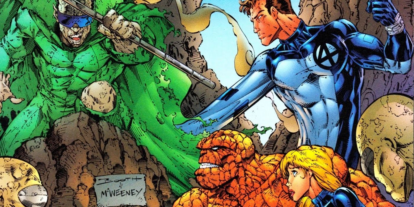 Fantastic Four fighing the Mole Man in Heroes Reborn Marvel comic