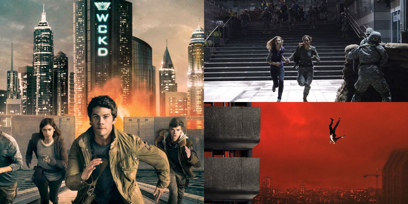 Images of scenes from dystopian movies on Hulu, The Maze Runner, 28 Days Later, and High Rise