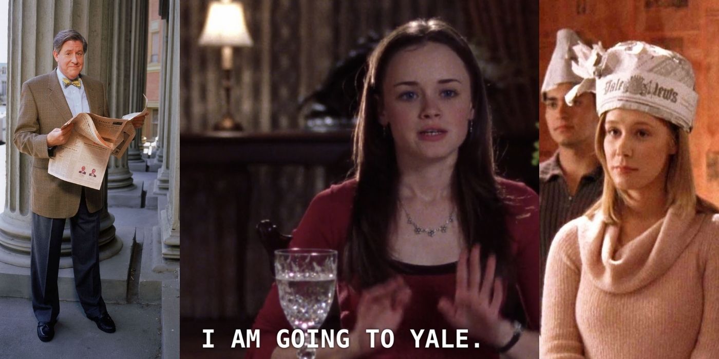 Richard standing outside of Yale/Rory announcing she's going to Yale/Paris with a paper hat on