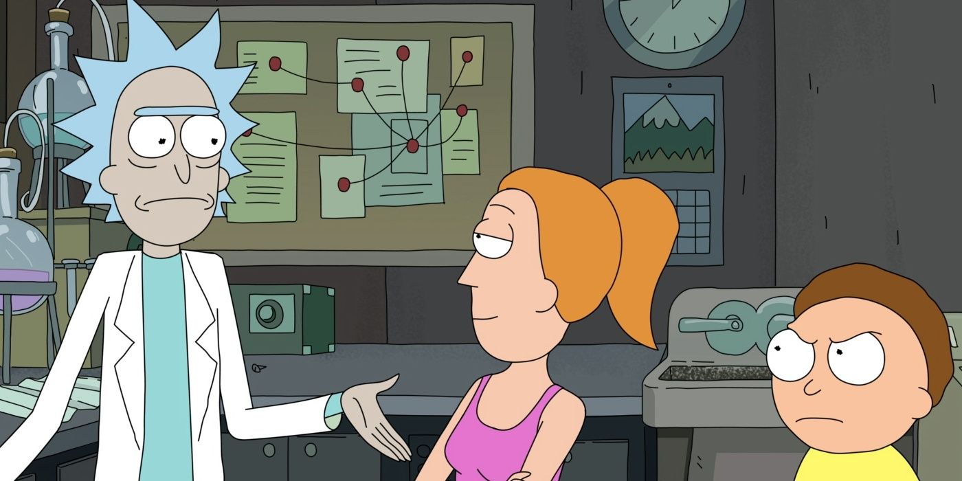 Rick, Summer, and Morty in the garage together in Rick and Morty