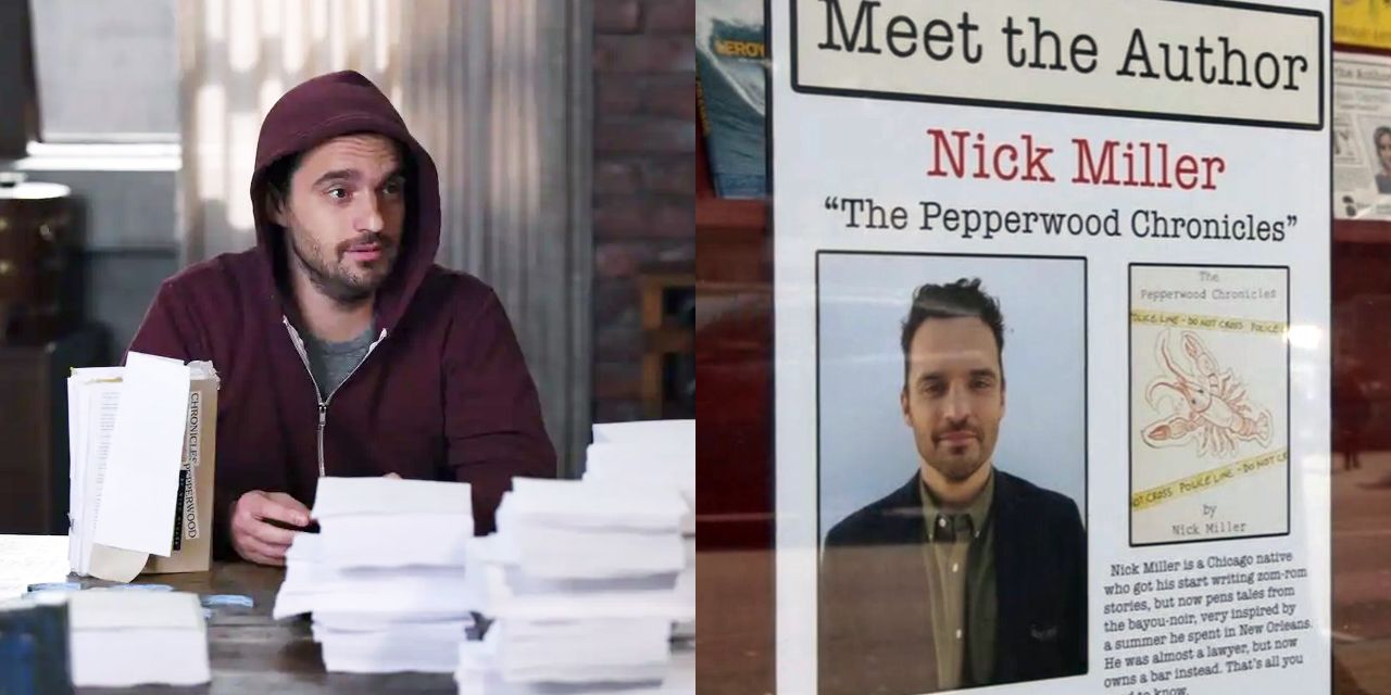 Featured image of Nick Miller in New Girl alongside a Pepperwood Chronicles author poster