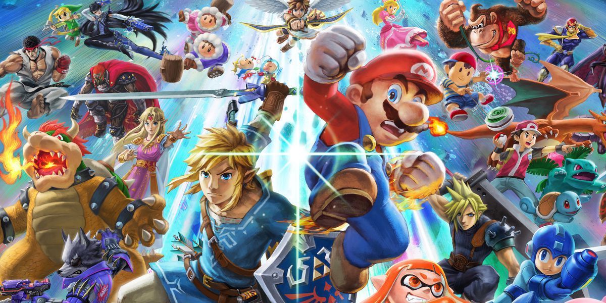 Collage of characters from Super Smash Bros. with Mario in the center, punching the air.