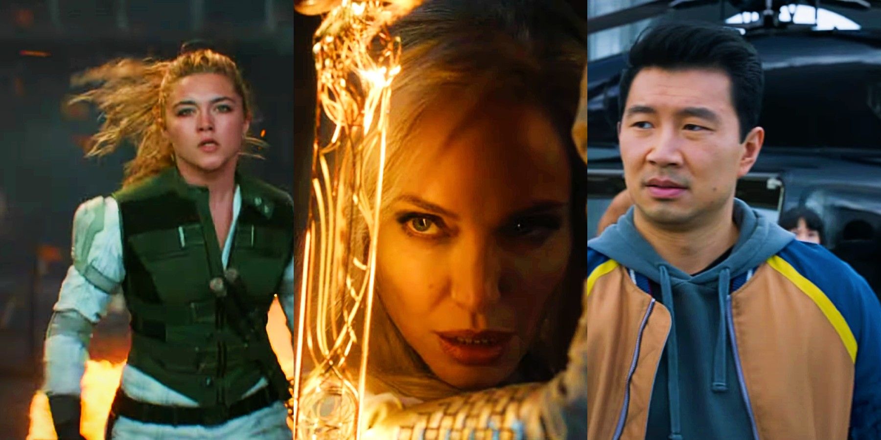 Florence Pugh as Yelena, Agenlina Jolie as Thena and Simu Liu as Shang-Chi in MCU Phase 4