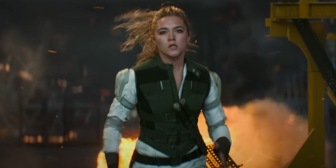 Florence Pugh as Yelena walking away from explosion in Black Widow