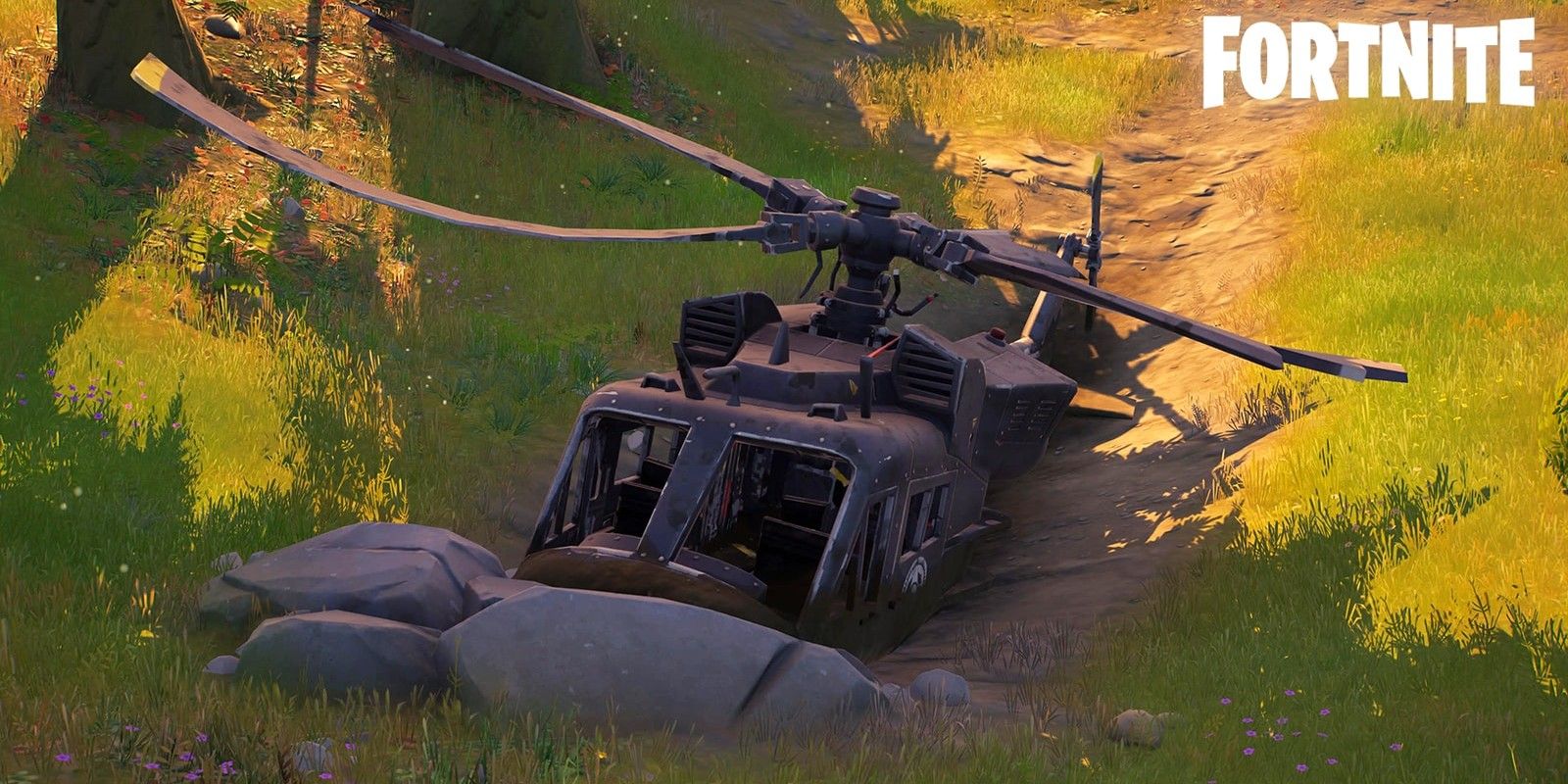 A player finds a downed black helicopter in Fortnite for the Season 6 Foreshadowing Quests