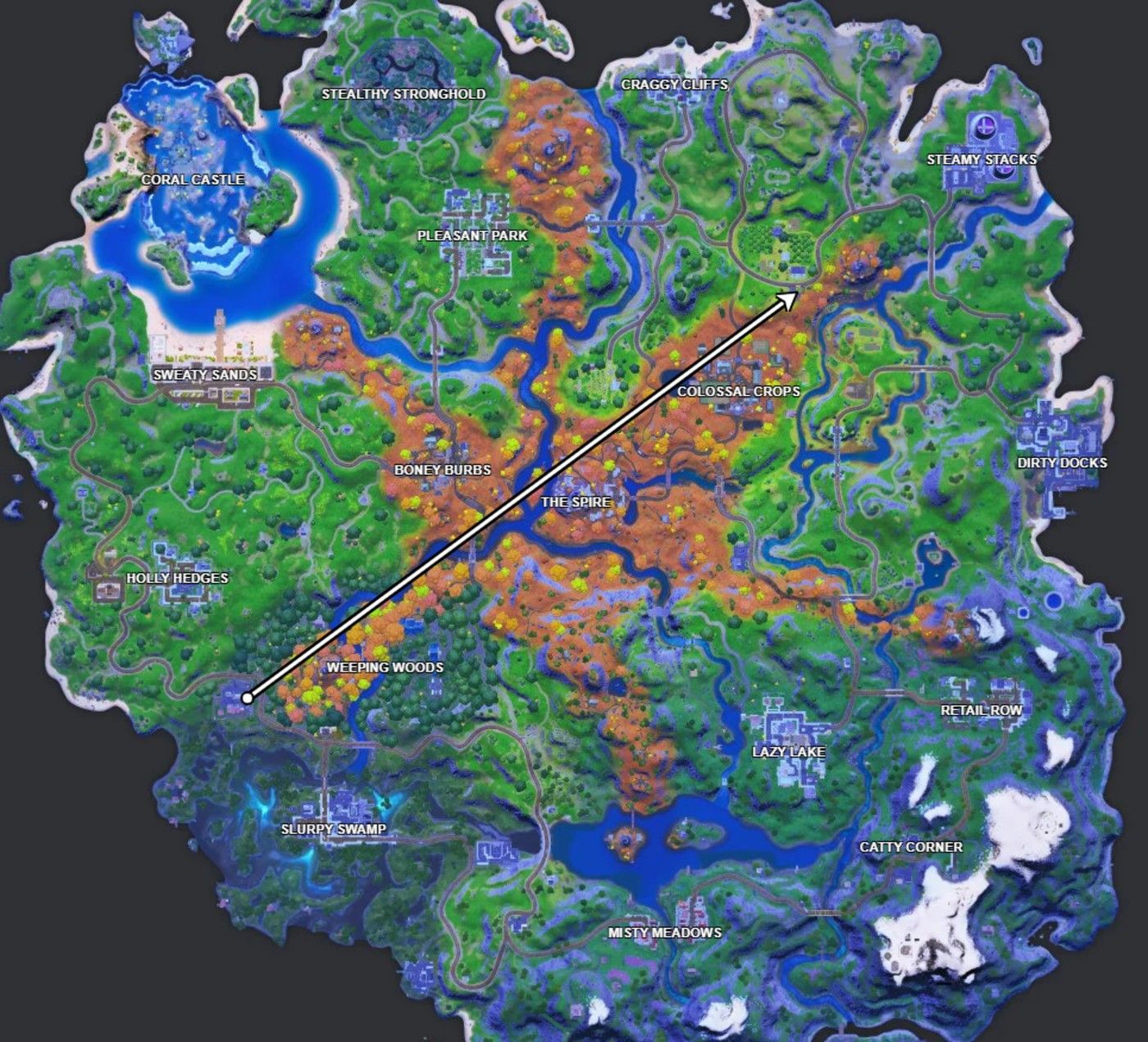 The fastest route between Durrr Burger and Pizza Pit in Fortnite