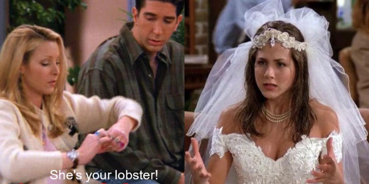 Phoebe talking about lobsters mating for life with Ross looking on and Rachel in her wedding day at Central Perk on Friends featured image