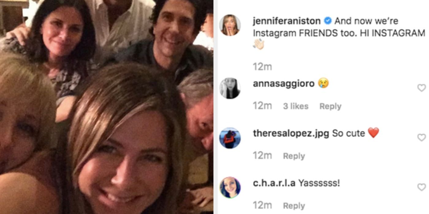 Jennifer Aniston's Instagram featuring selfie with the cast and fan comments